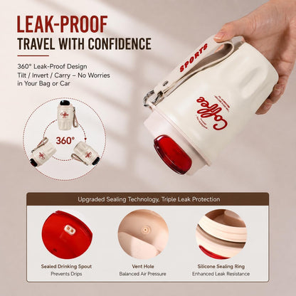 Coffee Vacuum Flask, 2026 New Portable Travel Insulated Coffee Mug with Lid & Handle, Spill & Leak Proof, Stainless Steel Insulated Water Bottle for Hot and Cold Drinks (Red, Standard)