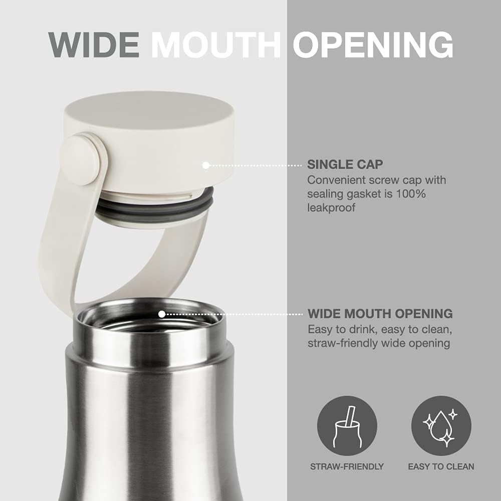 Metro Tumbler Stainless Steel Vacuum Insulated Double Cap Travel Mug - Water Coffee Cup w/Hand Strap for Home, Office, Outdoor Works Great for Cold Drinks and Hot Beverages (Gray, 16oz)