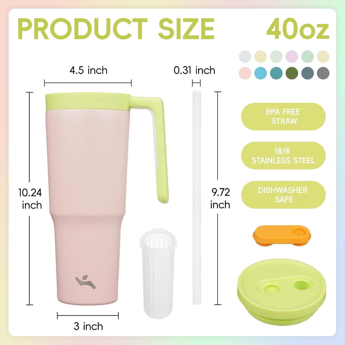 40 oz Tumbler with Handle and Straw, Insulated Water Bottle | Cherry; BPA-free, leak-resistant tumbler with fruit diffuser for gym, office, travel, coffee & daily hydration
