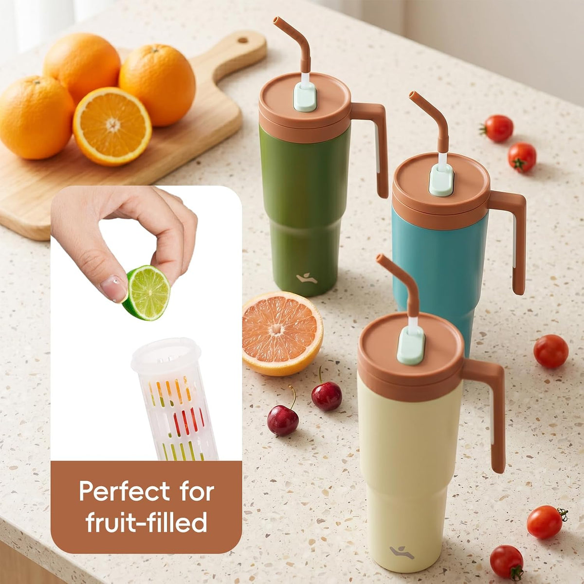 40 oz Tumbler with Handle and Straw, Insulated Water Bottle | Cherry; BPA-free, leak-resistant tumbler with fruit diffuser for gym, office, travel, coffee & daily hydration