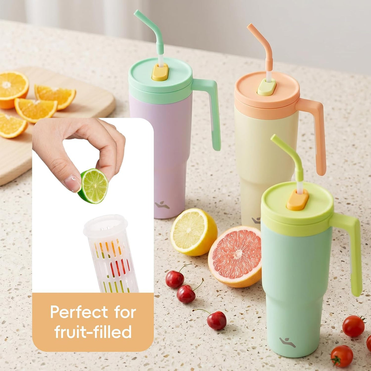 40 oz Tumbler with Handle and Straw, Insulated Water Bottle | Cherry; BPA-free, leak-resistant tumbler with fruit diffuser for gym, office, travel, coffee & daily hydration