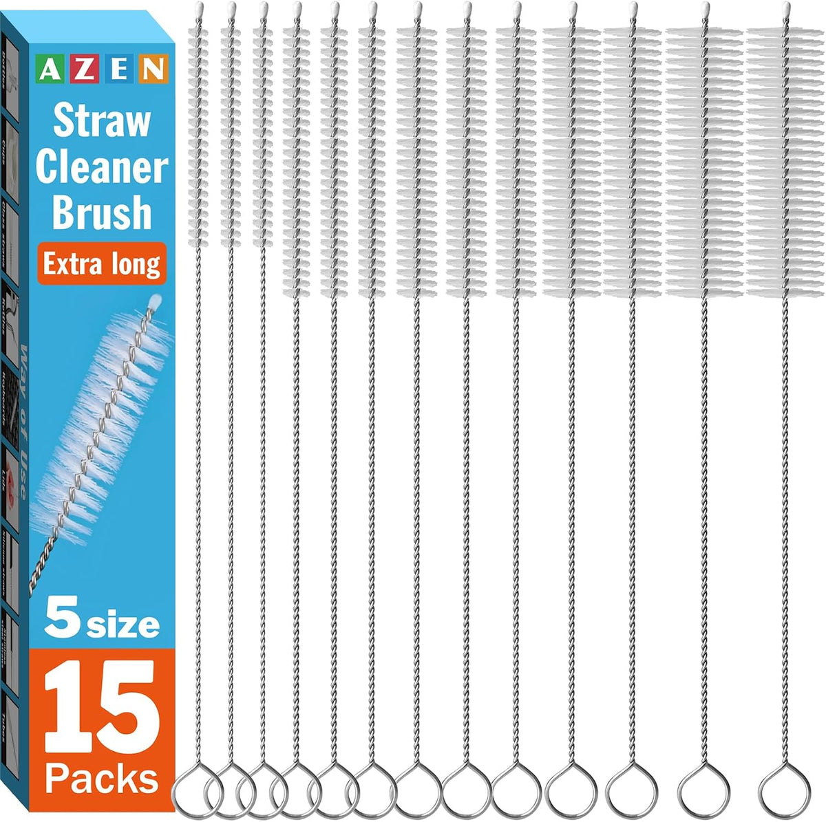 15 Pack Straw Cleaner Brush Set, 12 inch Extra Long, 5 Different Diameters Reusable Cleaning Brush for Sippy Cup, Water Bottle and Tubes