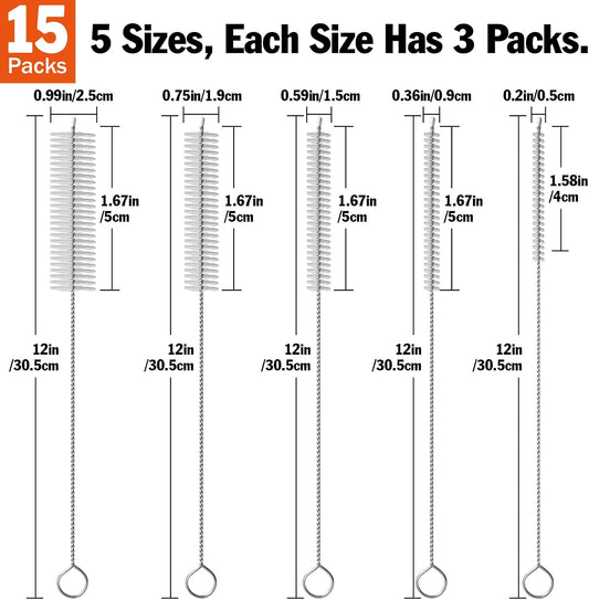 15 Pack Straw Cleaner Brush Set, 12 inch Extra Long, 5 Different Diameters Reusable Cleaning Brush for Sippy Cup, Water Bottle and Tubes