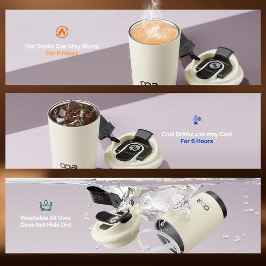 Insulated Travel Coffee Mug，Flat-White 6H Insulation Coffee Cup with Lid and Straw，13Oz Stainless Steel Leakproof & Spill-Proof Tumbler for Hot and Cold Water