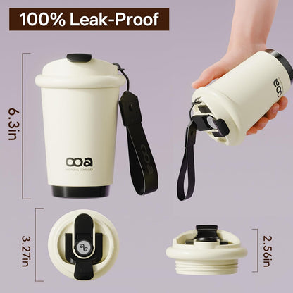Insulated Travel Coffee Mug，Flat-White 6H Insulation Coffee Cup with Lid and Straw，13Oz Stainless Steel Leakproof & Spill-Proof Tumbler for Hot and Cold Water