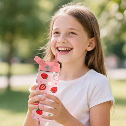 Strawberry Gifts for Kids - 16oz Pink Kids Water Bottle with Straw Lid, Stainless Steel Insulated Water Bottle, Leakproof, BPA-Free, for Girls, School, Strawberry Lover Children Birthday Gift Cup(1pc)