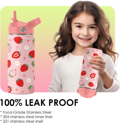 Strawberry Gifts for Kids - 16oz Pink Kids Water Bottle with Straw Lid, Stainless Steel Insulated Water Bottle, Leakproof, BPA-Free, for Girls, School, Strawberry Lover Children Birthday Gift Cup(1pc)