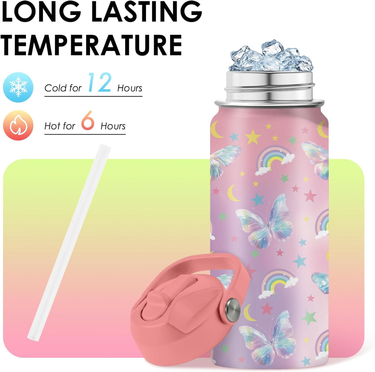 Strawberry Gifts for Kids - 16oz Pink Kids Water Bottle with Straw Lid, Stainless Steel Insulated Water Bottle, Leakproof, BPA-Free, for Girls, School, Strawberry Lover Children Birthday Gift Cup(1pc)