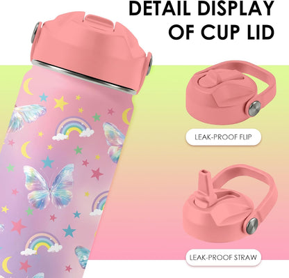 Strawberry Gifts for Kids - 16oz Pink Kids Water Bottle with Straw Lid, Stainless Steel Insulated Water Bottle, Leakproof, BPA-Free, for Girls, School, Strawberry Lover Children Birthday Gift Cup(1pc)