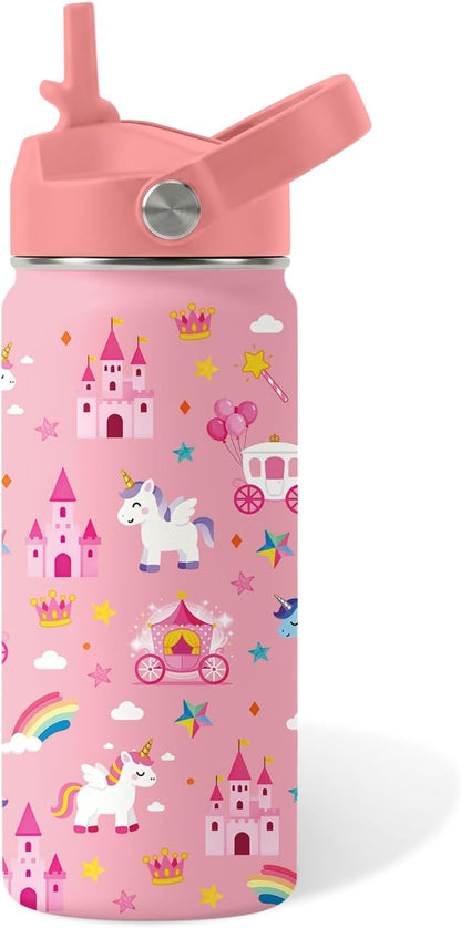 Strawberry Gifts for Kids - 16oz Pink Kids Water Bottle with Straw Lid, Stainless Steel Insulated Water Bottle, Leakproof, BPA-Free, for Girls, School, Strawberry Lover Children Birthday Gift Cup(1pc)
