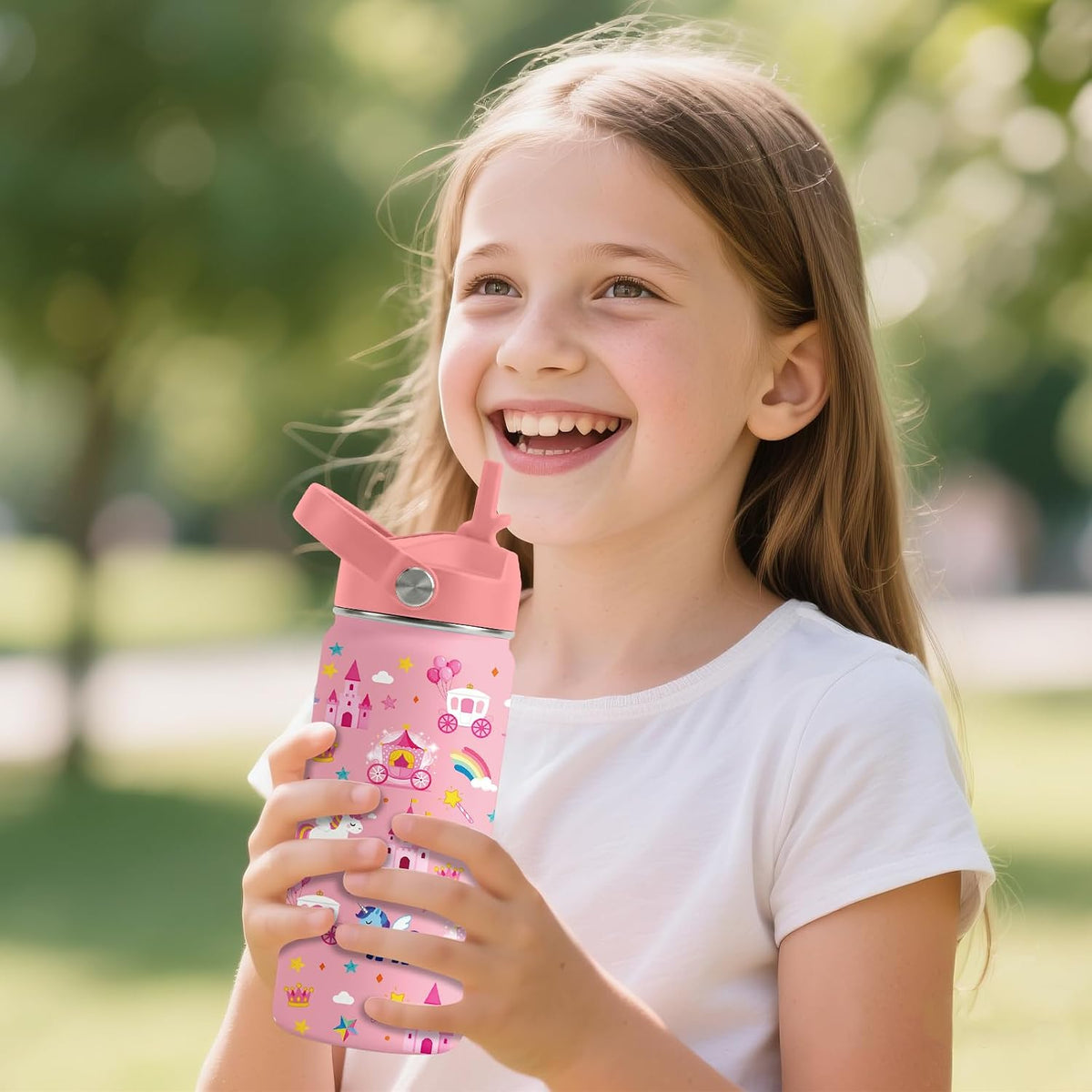 Strawberry Gifts for Kids - 16oz Pink Kids Water Bottle with Straw Lid, Stainless Steel Insulated Water Bottle, Leakproof, BPA-Free, for Girls, School, Strawberry Lover Children Birthday Gift Cup(1pc)