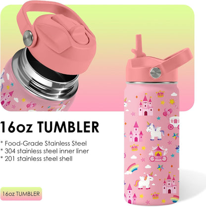 Strawberry Gifts for Kids - 16oz Pink Kids Water Bottle with Straw Lid, Stainless Steel Insulated Water Bottle, Leakproof, BPA-Free, for Girls, School, Strawberry Lover Children Birthday Gift Cup(1pc)