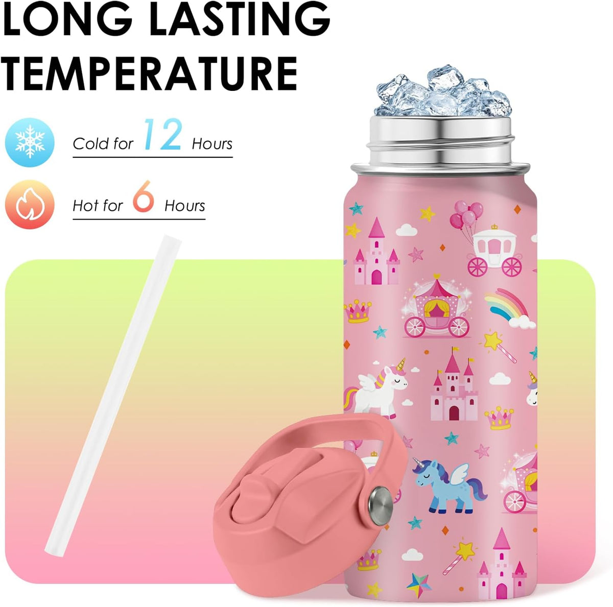 Strawberry Gifts for Kids - 16oz Pink Kids Water Bottle with Straw Lid, Stainless Steel Insulated Water Bottle, Leakproof, BPA-Free, for Girls, School, Strawberry Lover Children Birthday Gift Cup(1pc)