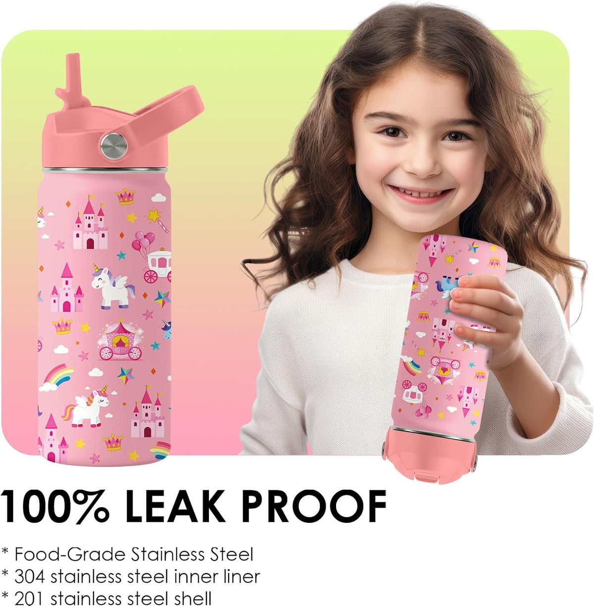 Strawberry Gifts for Kids - 16oz Pink Kids Water Bottle with Straw Lid, Stainless Steel Insulated Water Bottle, Leakproof, BPA-Free, for Girls, School, Strawberry Lover Children Birthday Gift Cup(1pc)