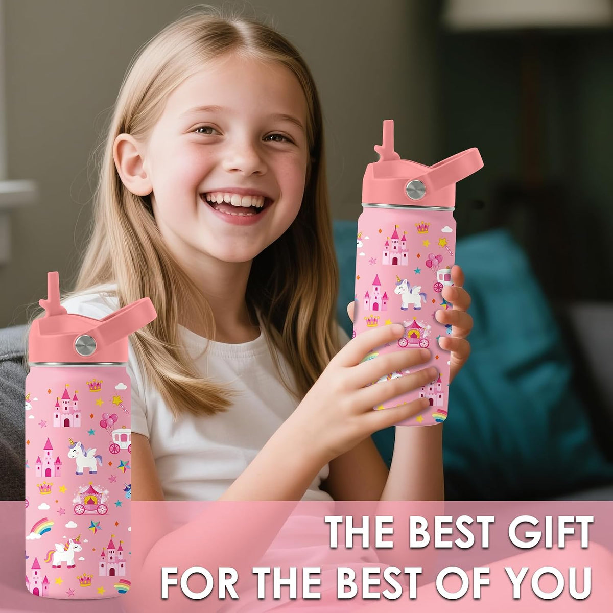Strawberry Gifts for Kids - 16oz Pink Kids Water Bottle with Straw Lid, Stainless Steel Insulated Water Bottle, Leakproof, BPA-Free, for Girls, School, Strawberry Lover Children Birthday Gift Cup(1pc)