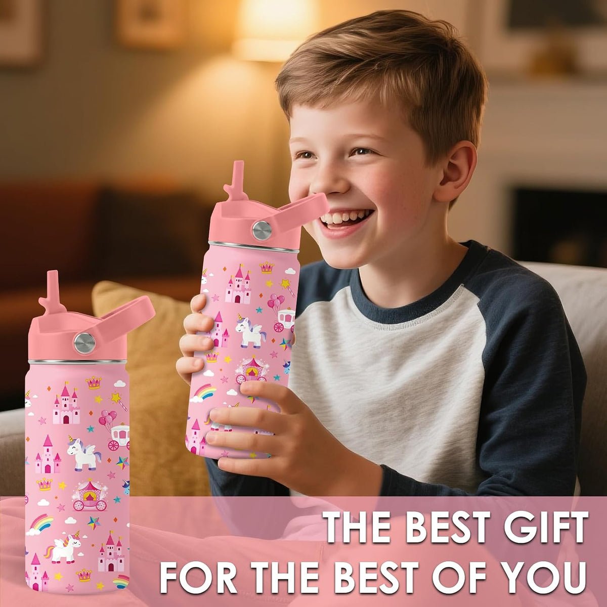 Strawberry Gifts for Kids - 16oz Pink Kids Water Bottle with Straw Lid, Stainless Steel Insulated Water Bottle, Leakproof, BPA-Free, for Girls, School, Strawberry Lover Children Birthday Gift Cup(1pc)