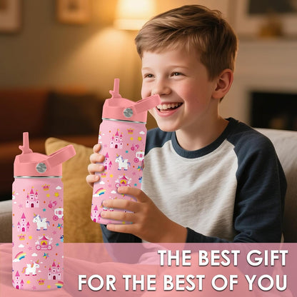 Strawberry Gifts for Kids - 16oz Pink Kids Water Bottle with Straw Lid, Stainless Steel Insulated Water Bottle, Leakproof, BPA-Free, for Girls, School, Strawberry Lover Children Birthday Gift Cup(1pc)