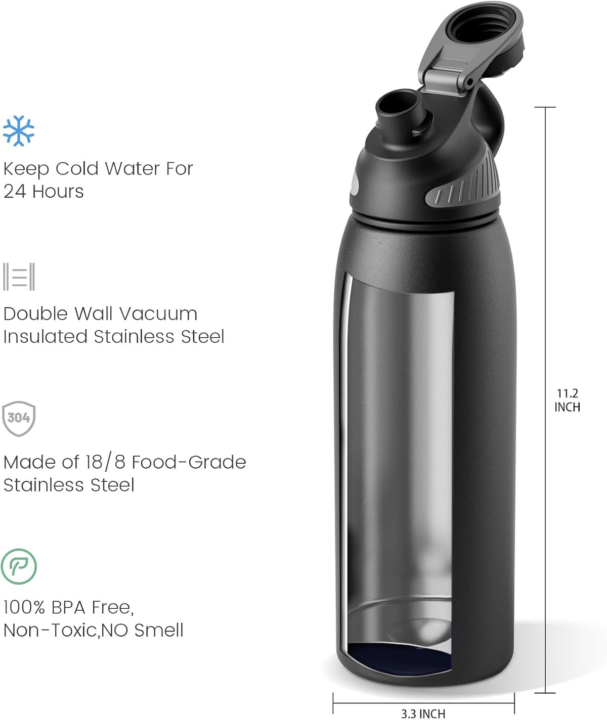 20oz Stainless Steel Insulated Water Bottle No Straw Spout Lid | Double Wall Vacuum Insulated, 18/8 Stainless Steel, Leakproof, BPA-Free, Sports Flask Ideal For Gym Workout Hiking Travel