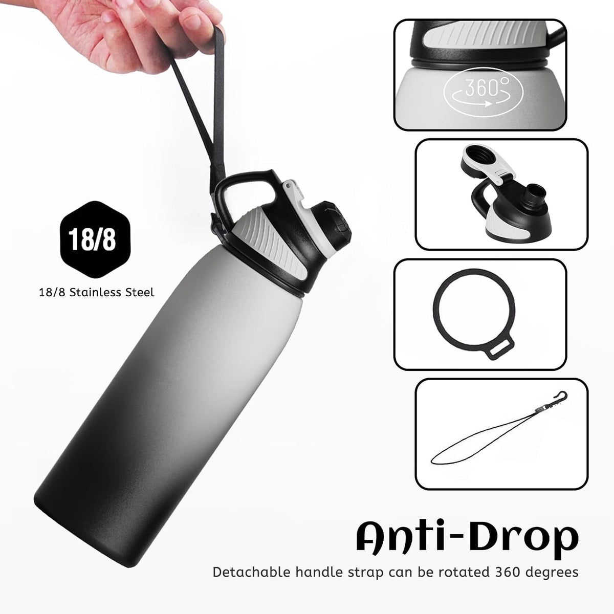 20oz Stainless Steel Insulated Water Bottle No Straw Spout Lid | Double Wall Vacuum Insulated, 18/8 Stainless Steel, Leakproof, BPA-Free, Sports Flask Ideal For Gym Workout Hiking Travel