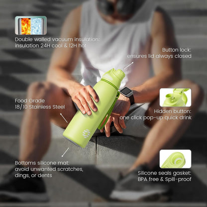 20oz Stainless Steel Insulated Water Bottle No Straw Spout Lid | Double Wall Vacuum Insulated, 18/8 Stainless Steel, Leakproof, BPA-Free, Sports Flask Ideal For Gym Workout Hiking Travel