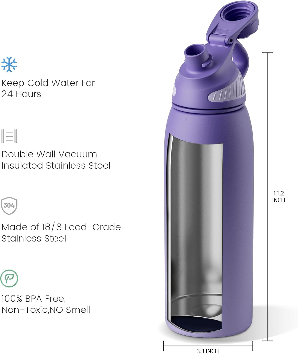 20oz Stainless Steel Insulated Water Bottle No Straw Spout Lid | Double Wall Vacuum Insulated, 18/8 Stainless Steel, Leakproof, BPA-Free, Sports Flask Ideal For Gym Workout Hiking Travel