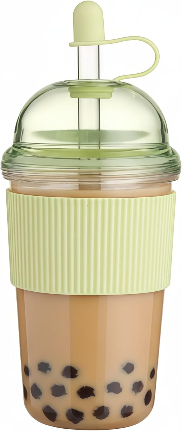 Reusable Ices Coffee Cups with Lids and Straws 17oz, Boba Cup with Straw, Tumbler with Silicone Sleeve for Cold Drinks, Iced Coffee, Bubble Tea Green