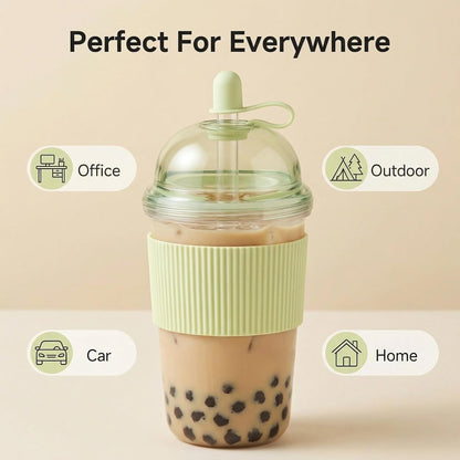 Reusable Ices Coffee Cups with Lids and Straws 17oz, Boba Cup with Straw, Tumbler with Silicone Sleeve for Cold Drinks, Iced Coffee, Bubble Tea Green