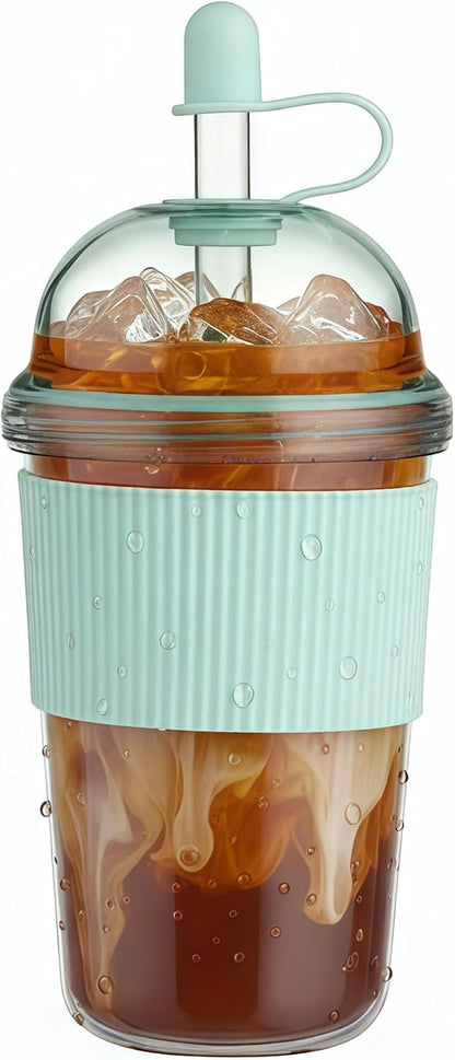 Reusable Ices Coffee Cups with Lids and Straws 17oz, Boba Cup with Straw, Tumbler with Silicone Sleeve for Cold Drinks, Iced Coffee, Bubble Tea Green
