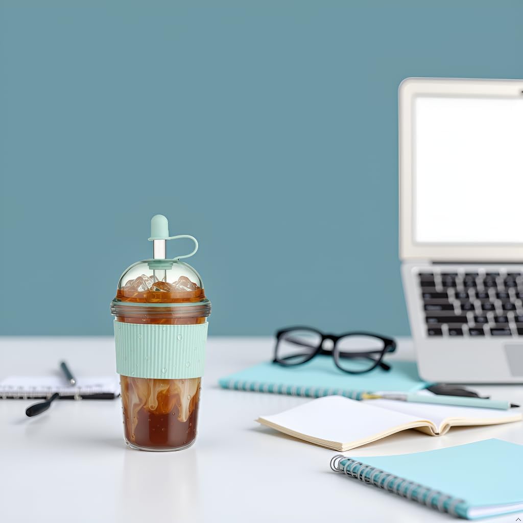 Reusable Ices Coffee Cups with Lids and Straws 17oz, Boba Cup with Straw, Tumbler with Silicone Sleeve for Cold Drinks, Iced Coffee, Bubble Tea Green
