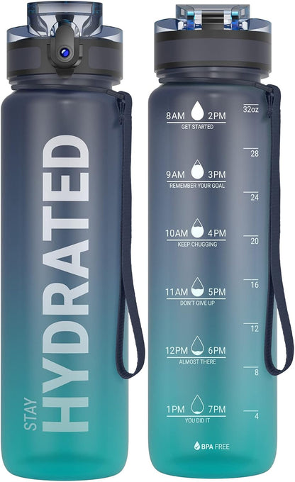 Water Bottle 32oz, Tritan Sports Bottle with Time Marker