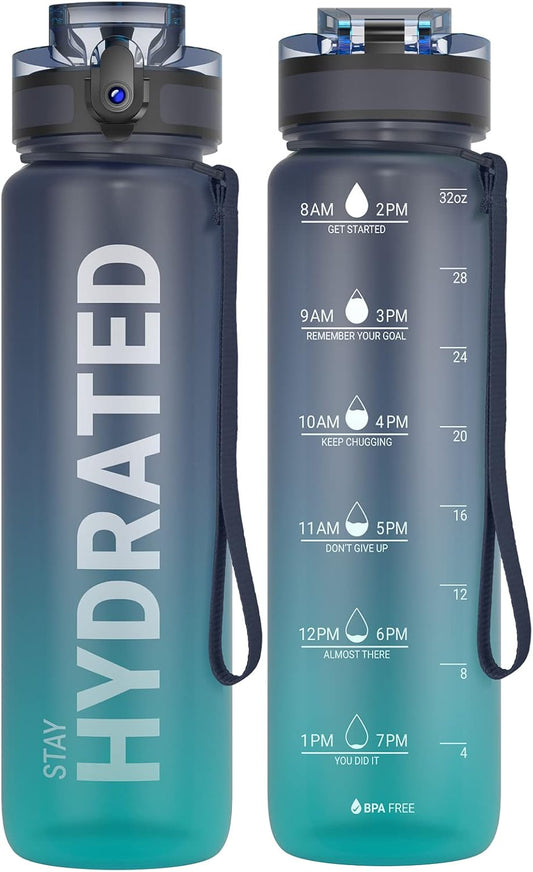 Water Bottle 32oz, Tritan Sports Bottle with Time Marker