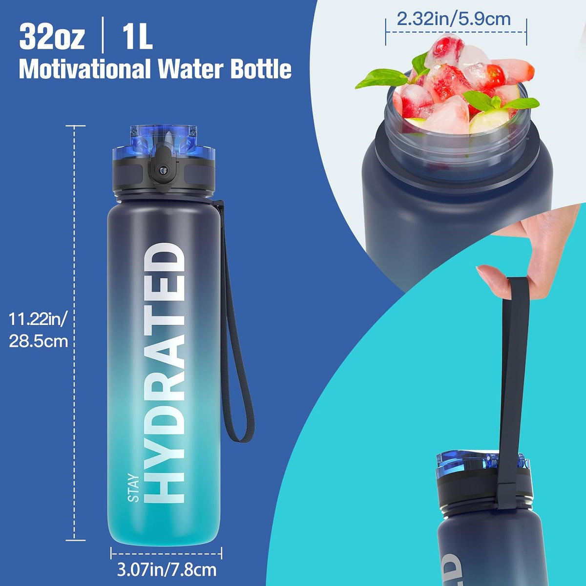 Water Bottle 32oz, Tritan Sports Bottle with Time Marker