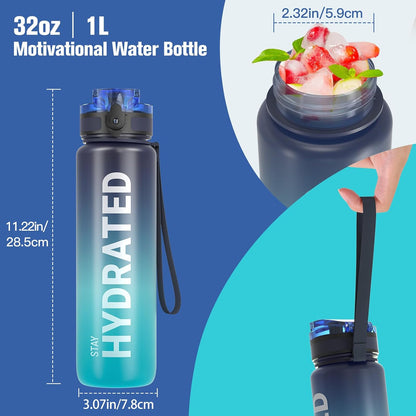 Water Bottle 32oz, Tritan Sports Bottle with Time Marker