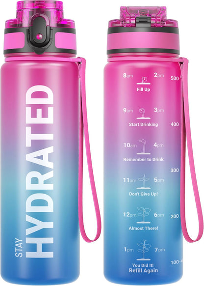 Water Bottle 32oz, Tritan Sports Bottle with Time Marker