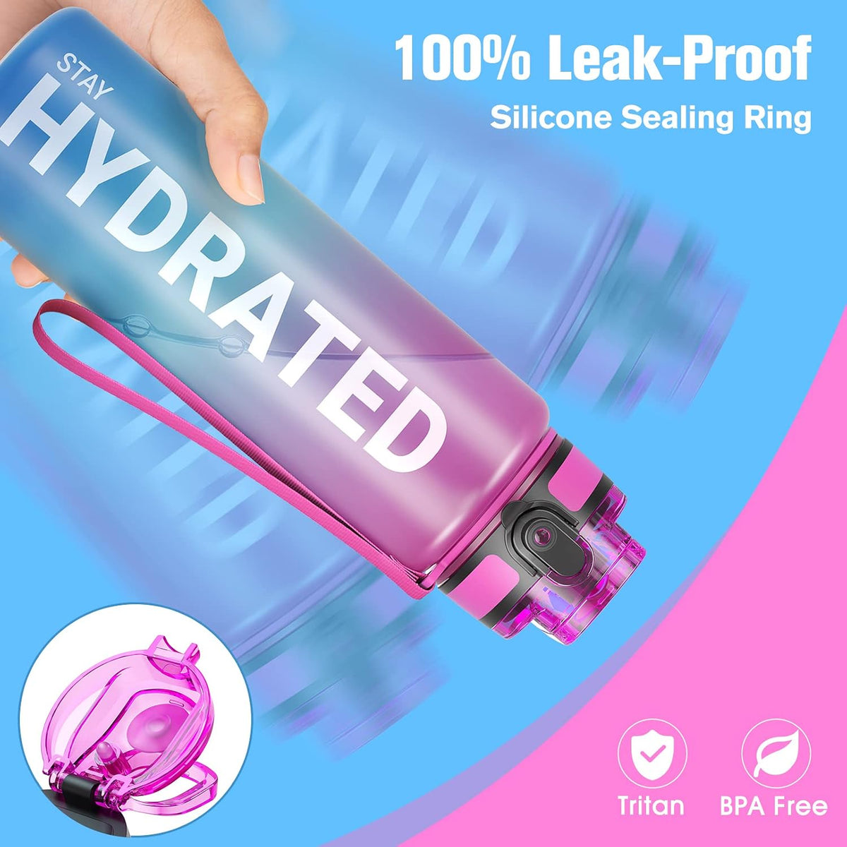 Water Bottle 32oz, Tritan Sports Bottle with Time Marker