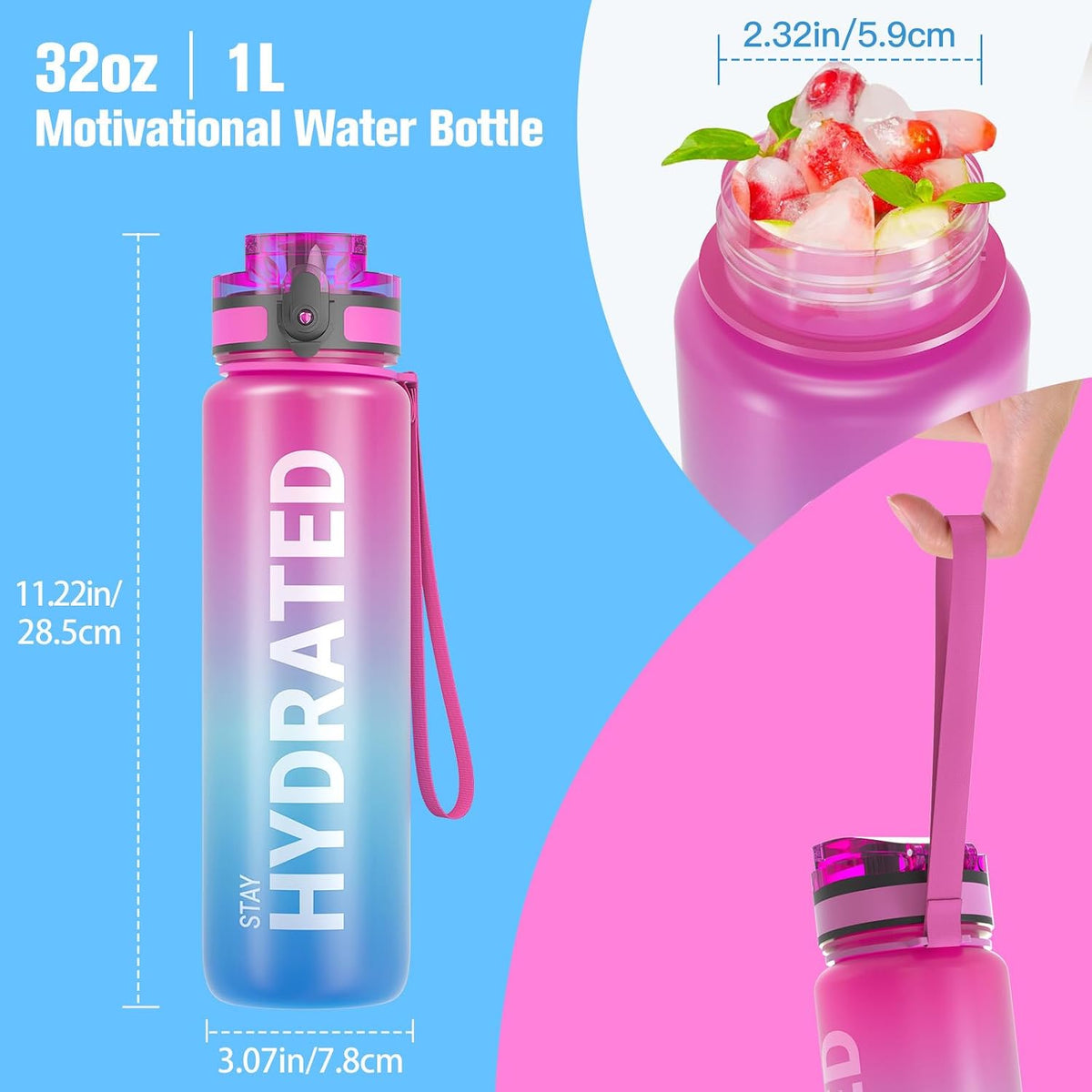 Water Bottle 32oz, Tritan Sports Bottle with Time Marker