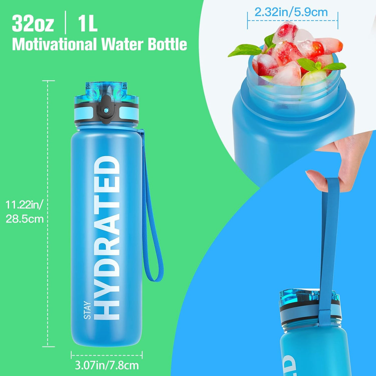 Water Bottle 32oz, Tritan Sports Bottle with Time Marker