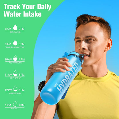 Water Bottle 32oz, Tritan Sports Bottle with Time Marker