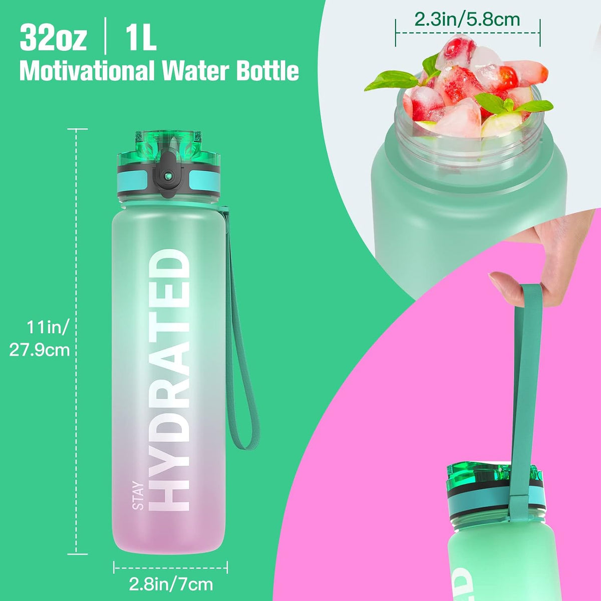 Water Bottle 32oz, Tritan Sports Bottle with Time Marker