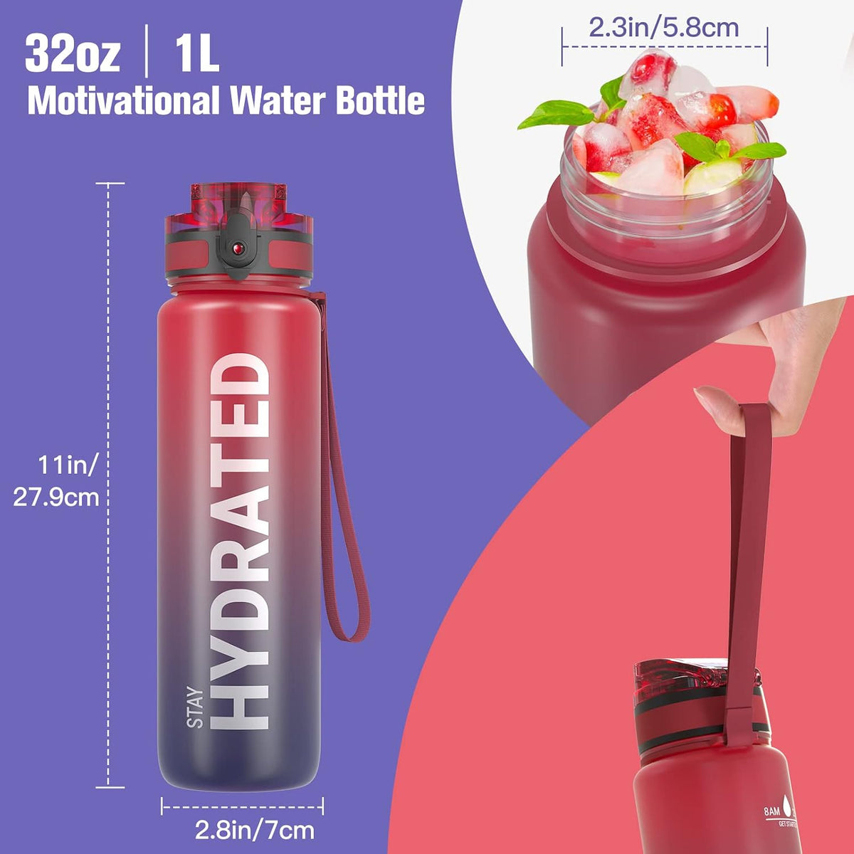 Water Bottle 32oz, Tritan Sports Bottle with Time Marker