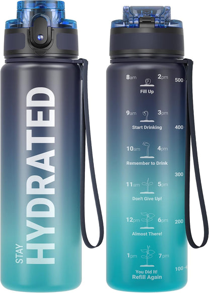 Water Bottle 32oz, Tritan Sports Bottle with Time Marker
