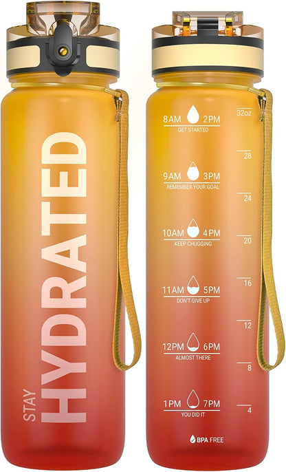 Water Bottle 32oz, Tritan Sports Bottle with Time Marker