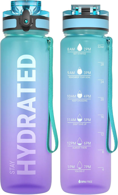 Water Bottle 32oz, Tritan Sports Bottle with Time Marker