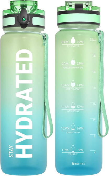 Water Bottle 32oz, Tritan Sports Bottle with Time Marker
