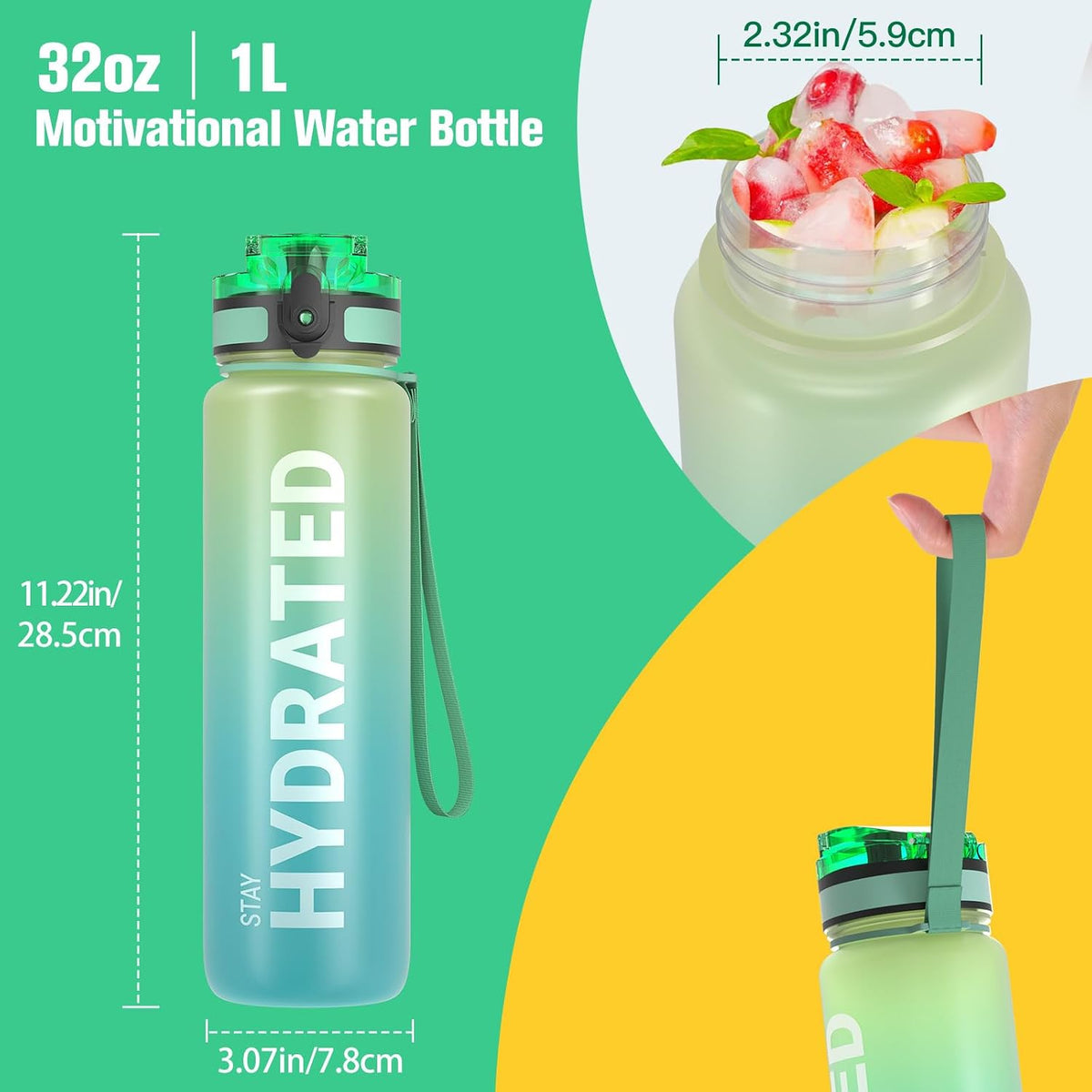 Water Bottle 32oz, Tritan Sports Bottle with Time Marker