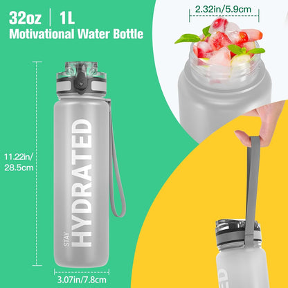 Water Bottle 32oz, Tritan Sports Bottle with Time Marker