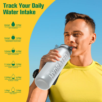 Water Bottle 32oz, Tritan Sports Bottle with Time Marker