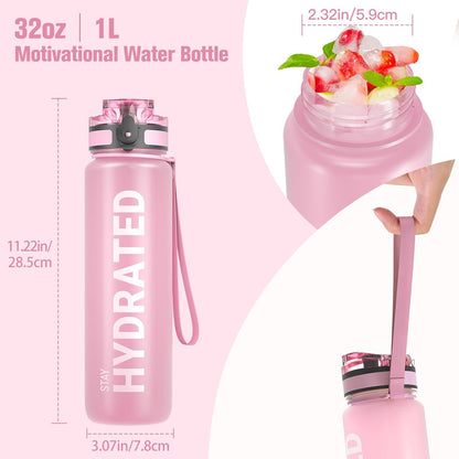 Water Bottle 32oz, Tritan Sports Bottle with Time Marker