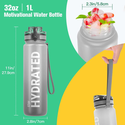Water Bottle 32oz, Tritan Sports Bottle with Time Marker