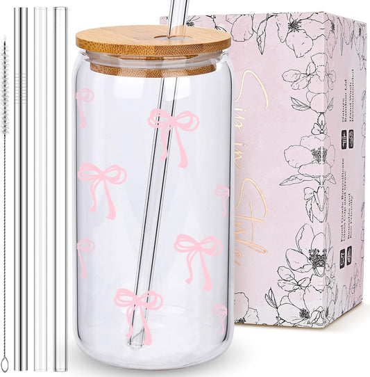 Coquette Cute Pink Bow Glass Cups with Lids and Straws, Aesthetic Iced Coffee Matcha Cup, Girly Preppy Design Tumbler Mug, Valentines Christmas Birthday Gifts for Women, Teen Girl Gifts Trendy Stuff